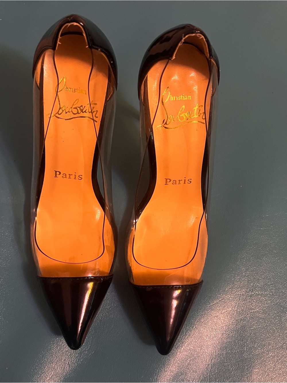 Christian Louboutin Black Patent and Clear Pointed-Toe Pumps, red bottoms